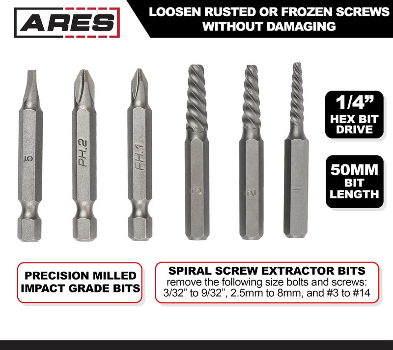 ARES 18026-1/4-Inch Drive Manual Reversible Impact Driver - Includes 6-Piece Flathead, Phillips, and Spiral Screw Extractor Bit Set - Disengage Rusted Fasteners or Frozen Bolts - Compact Design - Image 3